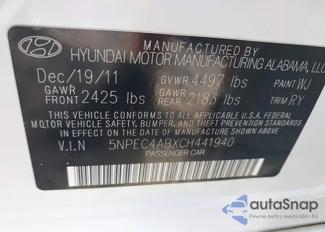 2012 Hyundai Sonata Se 2.0T z USA, uszkodzony, nr VIN 5NPEC4ABXCH441940